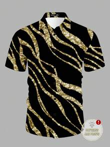 Manfinity AFTRDRK 男士时尚金色亮片印花短袖单排扣休闲衬衫，适合派对、夜店等场合 - 黑色 - 查看 3