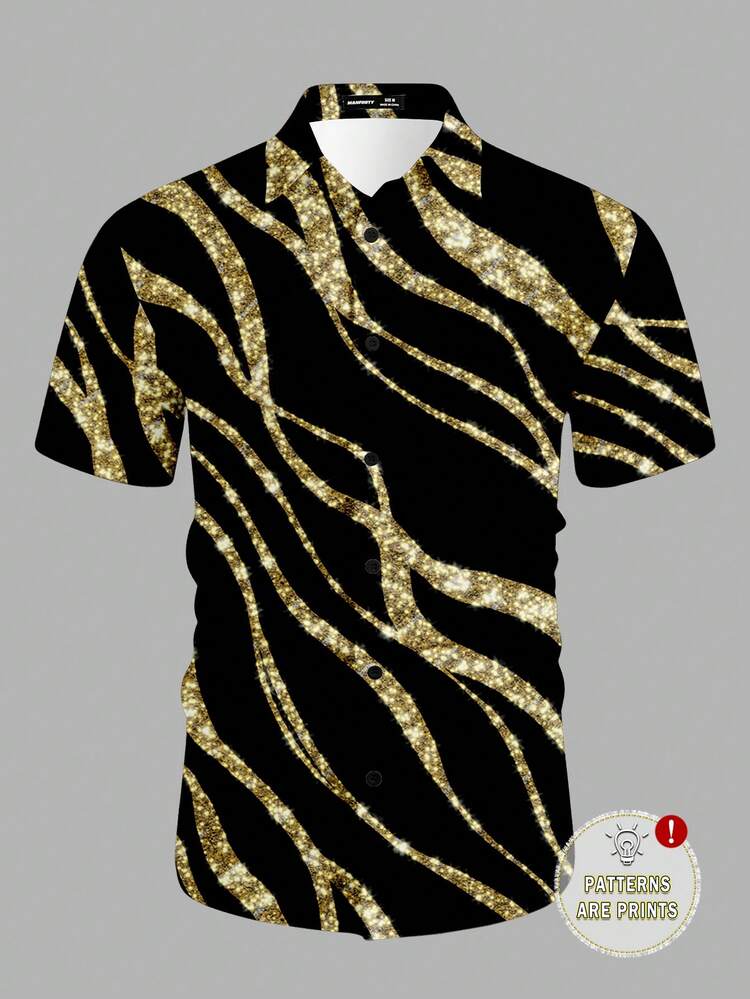 Manfinity AFTRDRK Men's Fashion Gold Glitter Print Short Sleeve Single-Breasted Casual Shirt, Suitable For Parties, Nightclubs - Black - View 3