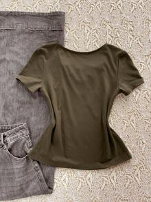 SHEIN Áo thun nữ tay ngắn màu trơn, kiểu dáng thường ngày, thắt nơ phía trước. - xanh quân đội - Xem 3