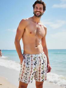 Manfinity Swimmode 男士夏季度假风植物印花抽绳腰斜插口袋宽松沙滩短裤 - 彩色 - 查看 1