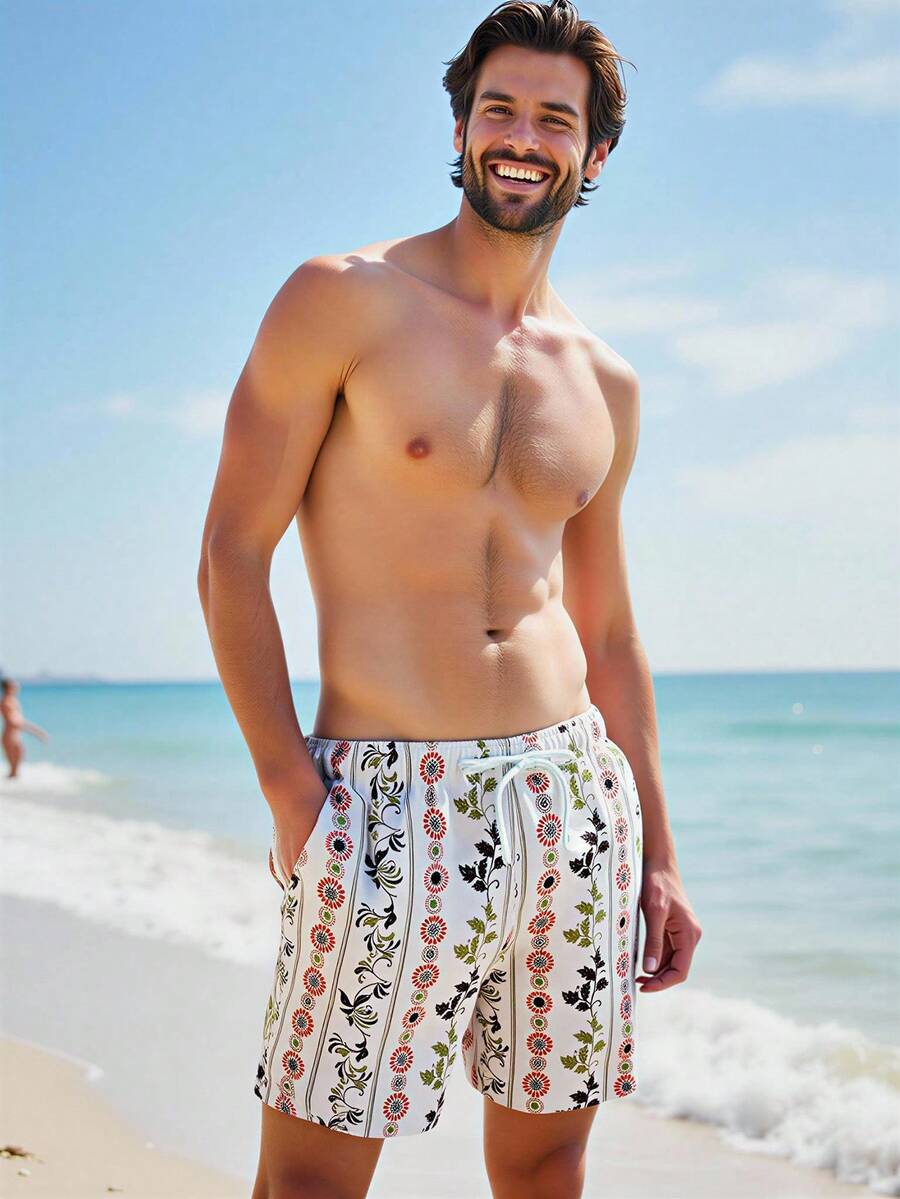 Manfinity Swimmode 男士夏季度假风植物印花抽绳腰斜插口袋宽松沙滩短裤 - 彩色 - 查看 1