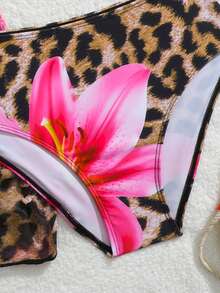 SHEIN Tween Girl Floral & Leopard Print Spaghetti Strap Tankini Bikini Set Set With Skirt