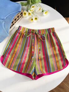 Franclia 女士休闲度假风撞色条纹印花抽绳腰宽松短裤，夏季 - 彩色 - 查看 1