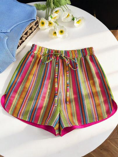 Franclia Damshorts med lös passform, sommar, färgblocksrandigt tryck och dragsko i midjan, casual semesterstil