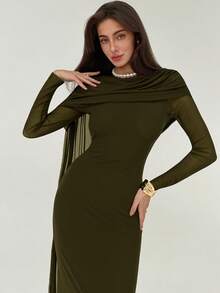 Aloruh Women's Elegant Ruffle Tie Long Dress, Autumn - Army Green - View 5