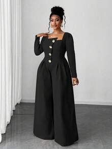 Maweii Plus Size Sexy Long Sleeve Metal Button Wide Leg Jumpsuit - Black - View 6