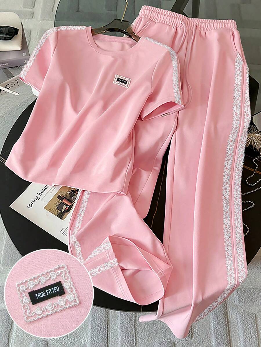 Resyla Lace Trim Crafted Minimalist Round Neck T-Shirt Set, Gift For Friends - Dusty Pink - View 1