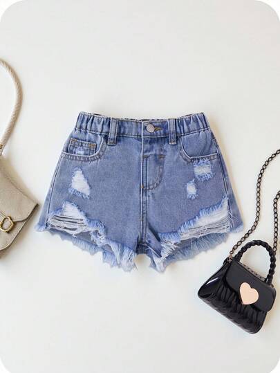 Young Girl Washed Blue Distressed Denim Shorts,Summer Outfits,Casual And Fashionable Vacation Outfits,Street Wear,2000s Style ,Comfortable And Soft Denim,Comfortable And Soft Denim Shorts