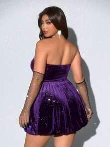 Viva Relle 大码性感无肩带褶皱荷叶边连衣裙 - 紫色 - 查看 2