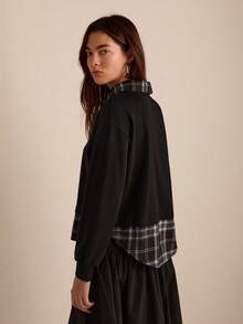 SHEIN EZwear Contrast Tartan Print Collar & Hem Sweatshirt,Long Sleeve Tops In Fall/Winter - Black - View 2