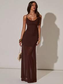 SHEIN BAE Women's Backless Beaded Dress, Brown Backless Dress, Vacation Dress, Suitable For Beach Holiday And Casual Occasions - Brown - View 3