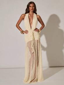 SHEIN BAE Robe décontractée de vacances à col V profond et froncée pour femmes, convenant aux vacances décontractées, aux voyages à la plage, aux fêtes, aux mariages. Robe élégante jaune - Jaune clair - Voir 1