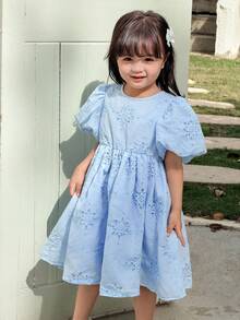 Young Girl's Elegant Pink Bow Decor Dress, Hollow Out Embroidery 3D Effect Dress, Spring/Summer - Blue - View 4