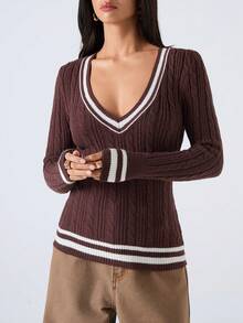 LYSMO 女式休闲咖啡棕色条纹装饰V领长袖修身粗针织毛衣，秋冬 - 咖啡棕 - 查看 4