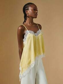 Briarwyn Women's Casual Vacation Style Contrast Lace Asymmetrical Hem Loose Camisole Top,Yellow Top ,Valentine Outfits For Women,Elegant Women's Top,Summer Tops,Vacation Outfits Women ,Old  Money Style - Yellow - View 9