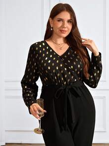 EMERY ROSE Plus Size Women V-Neck Long Sleeve Belted Polka Dot Foil Elegant Jumpsuit, Sequin Jumpsuit For Party , Autumn/Winter,2025 New - Black - View 4