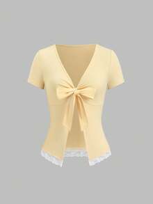 Sweetra Women's Summer V-Neck Contrast Lace Short Sleeve T-Shirt With Front Tie Design And Hem Slit, Light Yellow - Yellow - View 1
