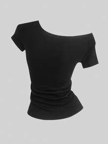 SHEIN Sweetro 女士夏季修身不对称肩部T恤，鸡尾酒橙色意大利海滩VENETO基础款露肩上衣 - 黑色 - 查看 2