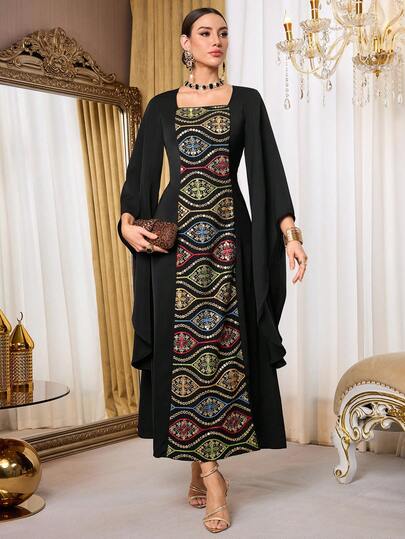 Al Najma Women's Floral Embroidered Square Neck Flare Sleeve Elegant Arabic Style Dress