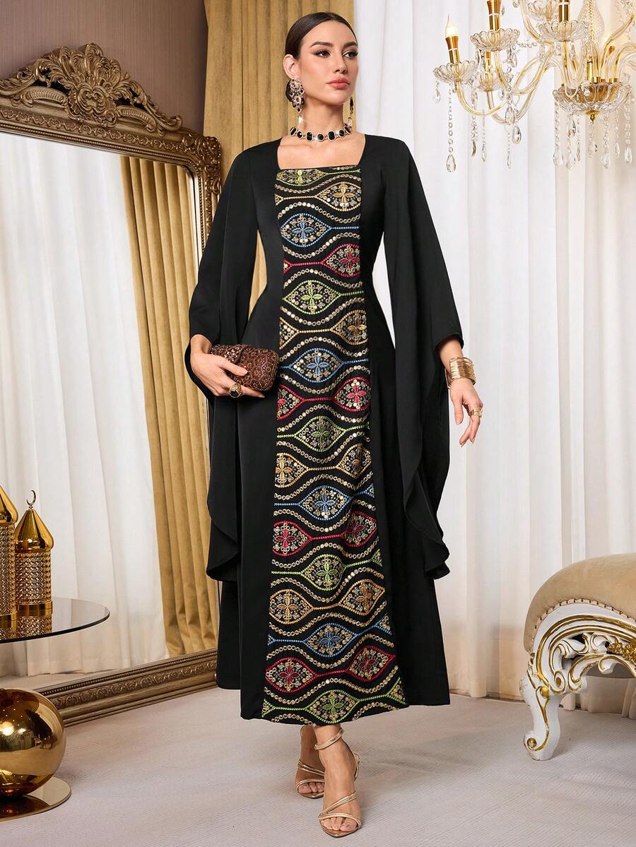 Al Najma Women's Floral Embroidered Square Neck Flare Sleeve Elegant Arabic Style Dress - Black - View 1