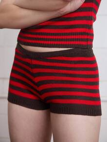 COUREZ Gestreifte gestrickte Mikro-Shorts, Sommer für Frauen Y2K Sommer Shorts Vintage - Verschiedenfarbig - Übersicht 7