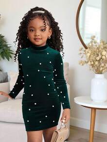 Young Girls Elegant Pearl Velvet Snug Fit Dress, Suitable For Party, Ceremony, Evening Gown - Green - View 3