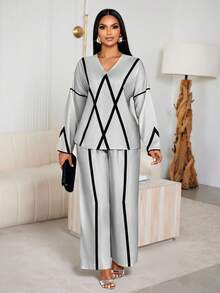 Brilight 女士几何图案V领长袖衬衫搭配阔腿裤休闲套装，适合日常通勤、休闲、居家、聚会等场合。 - 灰色 - 查看 1