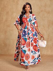 Brilight Vestido de mujer con estampado floral digital, volantes y mangas de murciélago, para vacaciones de verano y viajes casuales, conjunto de playa - Multicolor - Ver 7