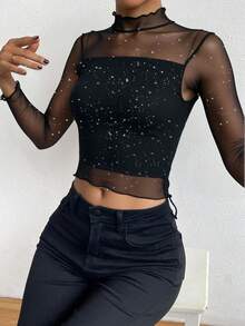 Top de red con transparencia y para mujer  medio forro manga larga cuello alto estampado de brillos estrellas doradas o plateadas ajuste ceñido tela ligera ideal para outfits modernos y ocasiones especiales blusa de mesh - Negro y plata - Ver 3