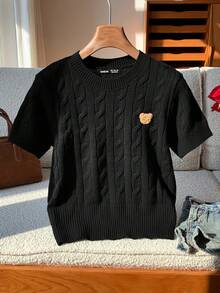 SHEIN EZwear 大码女式可爱小熊图案针织短袖修身套头衫，暖黄色，适合初秋穿着 - 黑色 - 查看 1