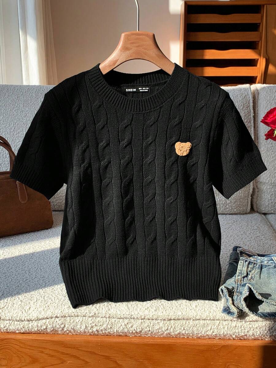 SHEIN EZwear 大码女式可爱小熊图案针织短袖修身套头衫，暖黄色，适合初秋穿着 - 黑色 - 查看 1