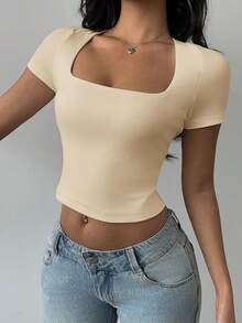 SHEIN BASICS Solid Color Knit Convertible Collar Fitted Cropped Women Top/Summer - Apricot - View 4