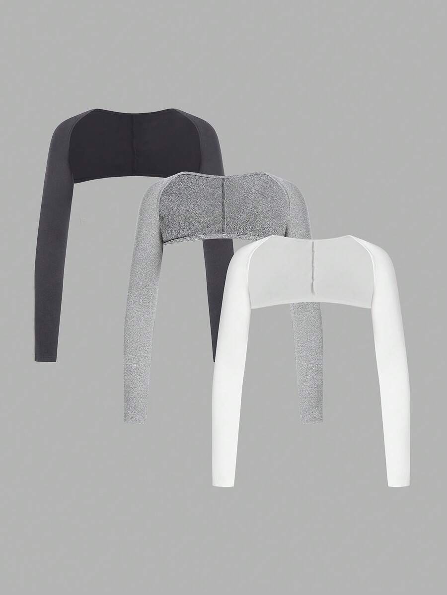 SHEIN BASICS 3pcs/Set Casual Solid Color Knit Crew Neck Cropped Women Tops 3 Pack Tops Long Sleeve Crop Tops - Dark Grey - View 1