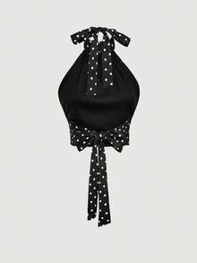 SHEIN MOD 米色和黑色波点缎面系带高领露背上衣——复古优雅的宫廷风格，适合约会、派对、Y2K风格、节日和生日穿着。 - 黑色 - 查看 2