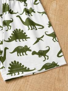 SHEIN 一套男婴时尚简约可爱恐龙印花仿口袋设计上衣和恐龙印花短裤套装，夏季