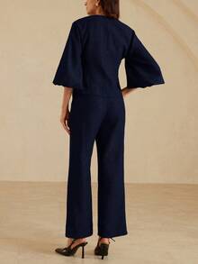 Aveloria Rosie Elegante traje de chaqueta y pantalones con cintura ceñida y mangas abullonadas en espiga - Azul - Ver 2