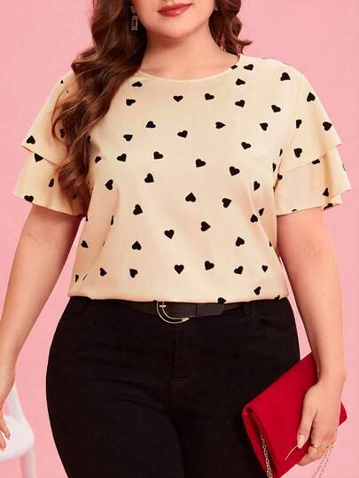 SHEIN Clasi Plus Size Elegant Heart Print Loose Fit Round Neck Blouse, Summer, Summer Tops