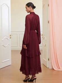Revavyn Fashionable Design Sense High-End A-Line Chiffon Lantern Sleeve Long Sleeve Dress - Burgundy - View 3