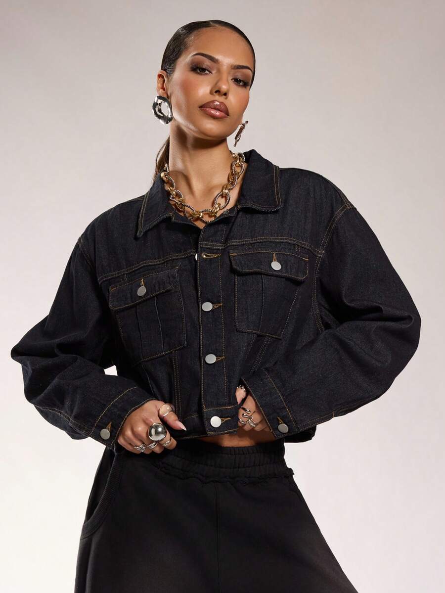 Normani Premium Denim Contrast Stitch Denim Jacket - Navy Blue - View 1