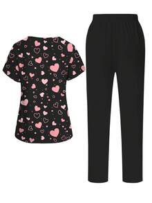 PopScrub 粉色爱心印花V领短袖口袋护士服套装，女士春夏时尚装