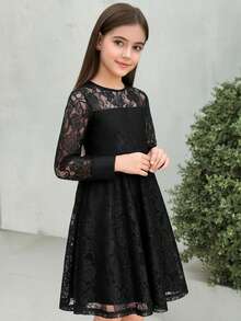 Firerie Kids Tween Girl Elegant & Fashionable Black Lace A-Line Dress, Suitable For Commuting - Black - View 4