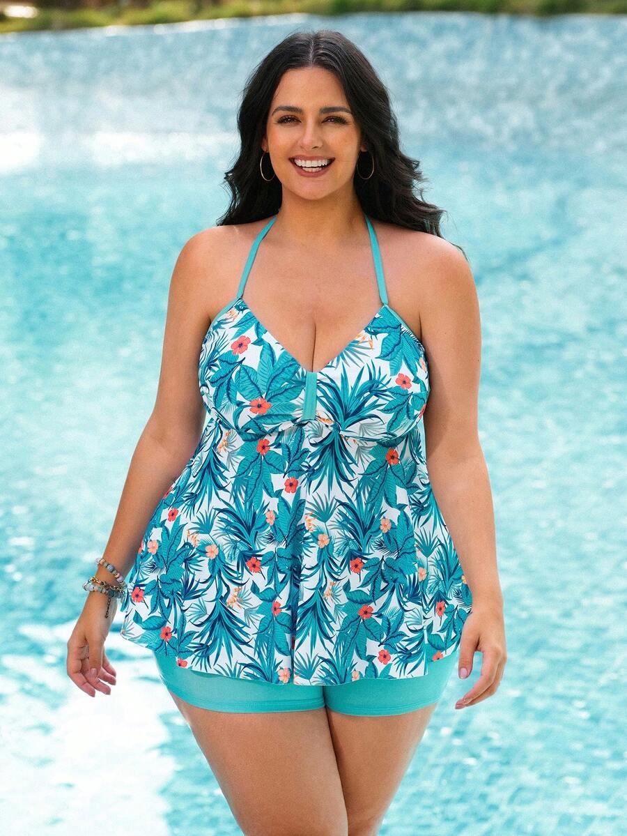 Swim Lushoire Bộ đồ bơi tankini cổ yếm dây dày, phối họa tiết cây nhiệt đới dành cho nữ cỡ lớn năm 2026. - Màu xanh nhạt - Xem 1