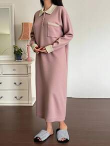 DAZY Rochie lungă, lejeră, tricotată, minimalistă, în culori contrastante, pentru femei, lejeră, lejeră, pentru casă, de iarnă - Roz - Vizualizare 5