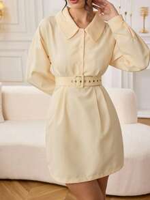 Seusyu Women's Elegant Waist Belt Shirt Dress - Yellow - View 4