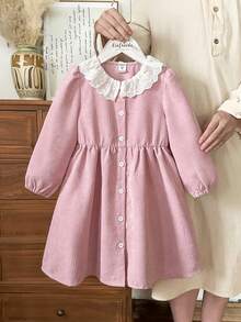 Vintaside Kids Rochie casual la modă pentru fete, de primăvară și toamnă, în stil coreean, cu guler din dantelă, cu mânecă lungă, potrivită pentru camping, vacanță, întâlniri sau ținută casual zilnică pe vreme blândă de toamnă - Roz - Vizualizare 3