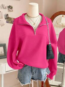 Lalippa 女士宽松拉链卫衣 - 玫紅色 - 查看 8