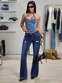 Jeanoix Y2K 时尚性感露背镂空牛仔上衣 - 中等水洗藍 - 查看 5