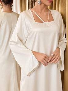 Al Najma 女士优雅派对纯色喇叭袖阿拉伯风格连衣裙 - 杏色 - 查看 2