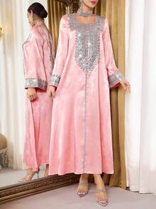 Al Najma 女士优雅亮片装饰土耳其长裙和阿拉伯传统长袍 - 杏色 - 查看 4