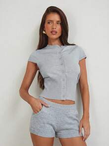 Aloruh Women's Ribbed Waist Single-Breasted Cap Sleeve Sweater Twisted Flower Knit, Gray, Suitable For Autumn, Winter, Spring And Summer - Light Grey - View 1